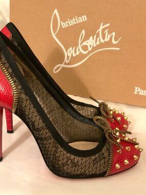 Christian Louboutin Red & Black Spiked Bow Mesh  zip detail . Heels With Gold Ac